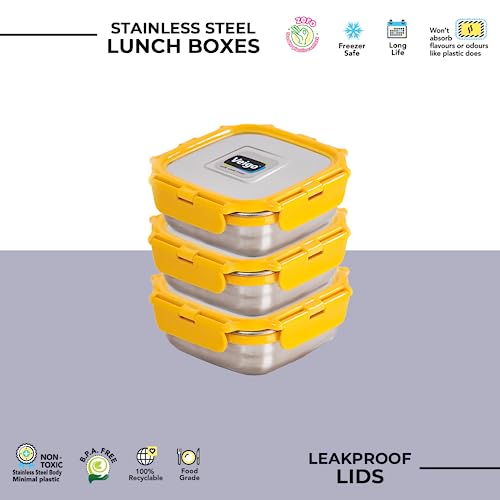 Image of Veigo Original Set Pack of 3 Stainless Steel Airtight & Leakproof Medium Lunch Box with Silicon Ring & Polymer Frame for Re-Heating|Safe Lid Lock|Square (330ML) Yellow