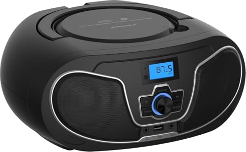 Philips CD Player Boombox, Dynamic Bass Boost with Bluetooth, FM Radio, USB Playback & AUX Input, Portable Top-Loading Boombox, Clear Stereo, RW/MP3 Compatible (Black)