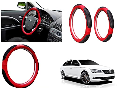 Image of Microfiber Car Steering Wheel Cover, Soft Padding Great Hand Feel, Anti-Slip, Faux Leather Steering Cover for Skoda Superb 2019 | Black Red Jali - Pack of 1