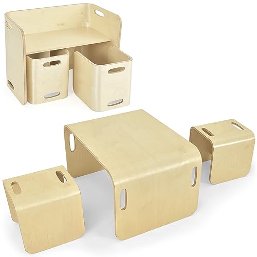 LIFEZEAL Juego de Mesa y Sillas para niños en Forma de U de Madera, Conjunto de Pupitre Infantil de 3 Piezas, Mesa de Actividad Multiuso con Espacio de Almacenamiento (Natural)