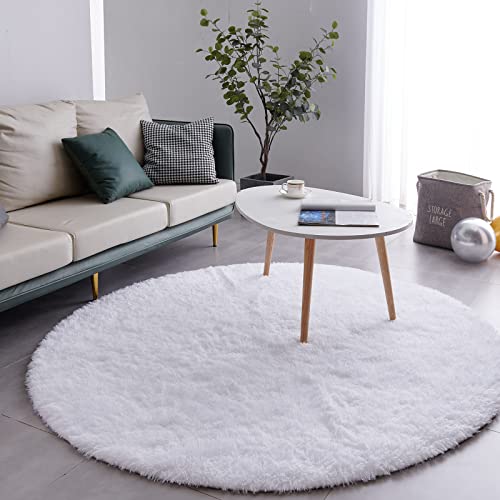 Fjzfing White Round Rug Ultra-Soft Plush Modern 4X4 Circle Area Rug For Kid's Bedroom, Fluffy Shag Circular Rug For Nursery Room, Non-Slip Home Decor Cute White Carpet For Teen's Room #TOP1