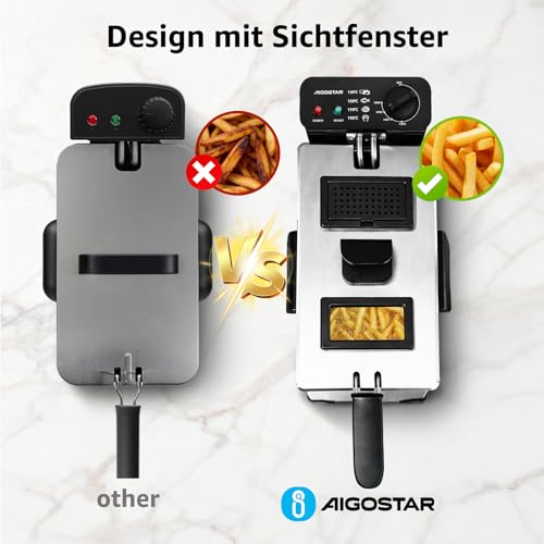 Aigostar Ushas - Fritteuse mit Fett 3L, 2200W mit Sichtfenster, Edelstahl – Ansicht 6