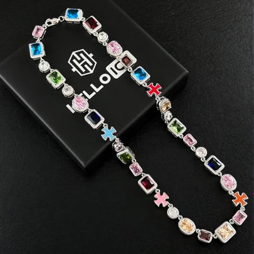 HELLOICE 10mm Multicolored Cross Necklace Enamel Chain for Women Men 5A Grade Cubic Zirconia Summer Statement Bling Necklace Gemstone Jewelry2