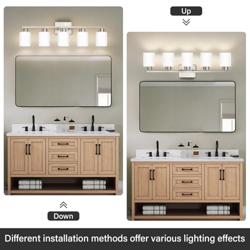 Image of FonmYim Brushed Nickel Bathroom Light Fixtures, 5-Light Modern Vanity Light Over Mirror, Wall Sconces with Milky White Frosted Glass Shades, E26 Socket (Bulbs Not Included)