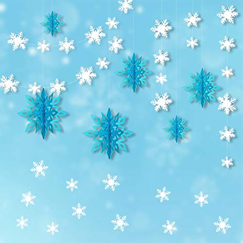 Frozen Themed Party Decorations, 3D White Snowflake Garland & Big 3D Hanging Snowflake Decorations & Snowflake Wall Sticker Value Kit for Christmas/Birthday Event/Home Decorations (Ice Blue)