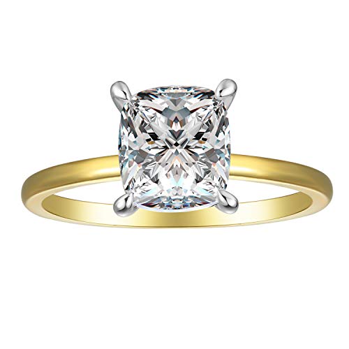 espere 18K Gold Plated Sterling Silver Cushion Cut 2 Carat Cubic Zirconia Solitaire Engagement Ring | Women's Thin Band CZ Promise Ring