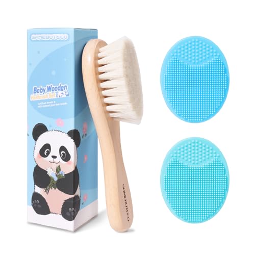 SAMEBUTECO Baby Hair Brush and Cradle Cap Brush Set Goat Hair Bristles Brush 2 Pieces Silicone Cradle Cap Brushes Wood Handle Newborn Brush Kit for Newborns and Toddlers 3 Packs