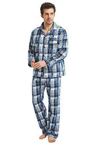 GLOBAL Mens Flannel Pajamas, 2-Piece Warm Pj Set, The Blue Plaid, Large
