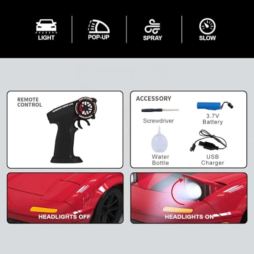 Image of 1:24 RC Drift Car 4WD, 20km /h Remote Control Car with Smoke Effect, Pop-Up Headlights, LED Lights, Drift Tires, Rechargeable Toy Car for Kids & Adults (Red)