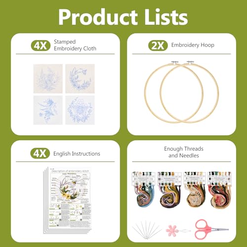 Image of Santune 4 Pack Embroidery Kit for Beginners,Needlepoint Cross Stitch Kits for Adults,Needle Point Sets with Bee Flower Pattern Stitch Video Tutorial