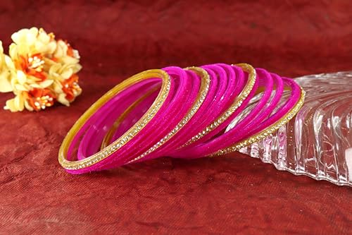 Image of NMII Fancy Glass Golden Zircon Diamond Stone & Velvet Finish Plain Bangles Set For Women & Girls | Glass Velvet Bangles | Kanch ki Chudiyan | Girl's Bangles Bracelet | Fashion Jewellery- Set of 32
