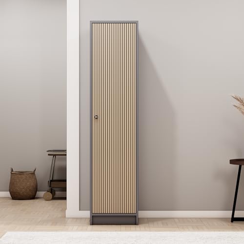 Image of Bniture Luxe 1 Door Wardrobe for Bedroom | Almirah for Clothes with 3D Textured Panels | Cupboard for Bedroom with 4 Shelves & Integrated Handle | Wooden Wardrobe with Elevated Base, Grey & Giant Wood