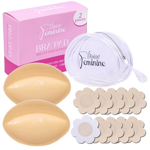 Divine Feminine Ultra Silicone Push Up Bra Inserts – Reusable Double-Sided Adhesive Pads for Lift, Cleavage & Volume – Invisible Bra Pads for Swimsuits, Sports Bras & Dresses Beige