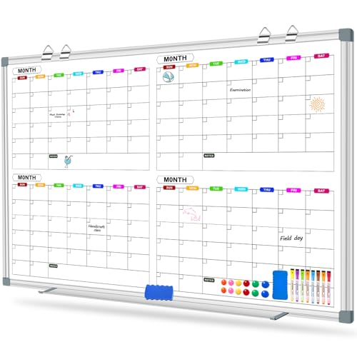 CALENBO Pizarra blanca de borrado en seco de 60 x 40 pulgadas, pizarra blanca magnética grande de 4 meses para calendario de pared, pizarra de borrado en seco, pizarra blanca para oficina, hogar y