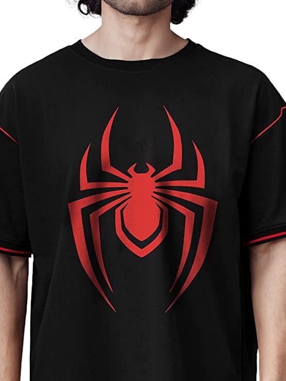 Image of The Souled Store Men Official Marvel: Spiderman Logo Black Printed Oversized T-Shirts