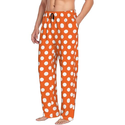 Mens Pajama Pants - Orange Polka Dot Print Soft Sleep Lounge Pants For Men, Casual Pj Bottoms With Pockets