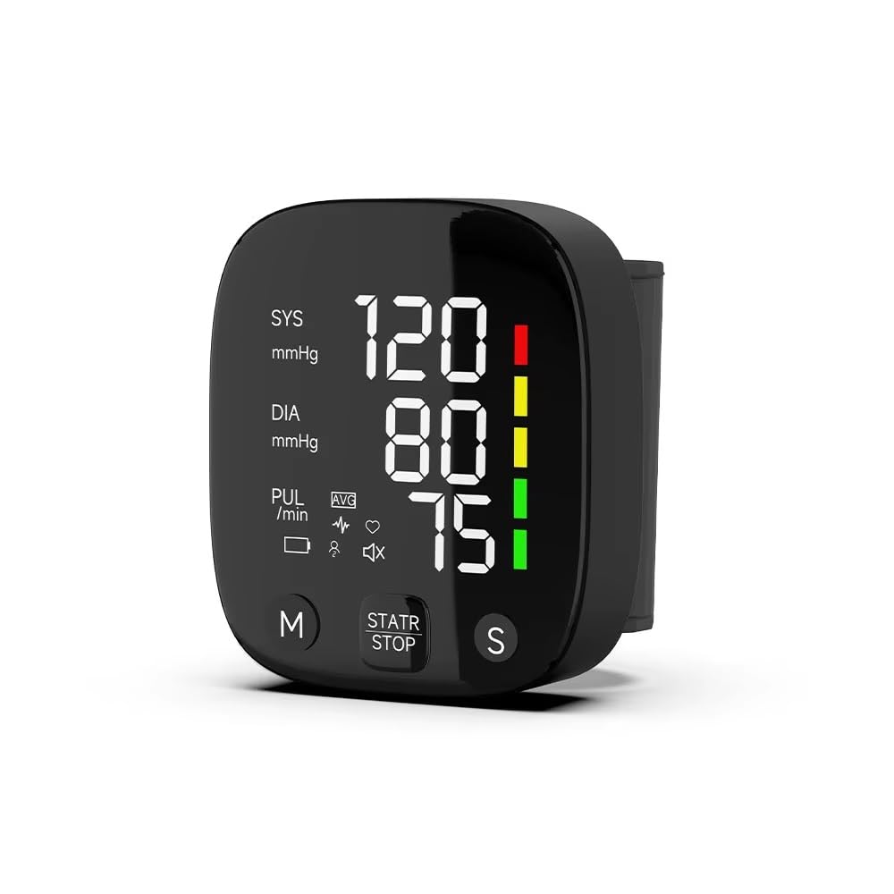 Shinekoo Monitores automáticos de presión arterial de muñeca con pantalla LCD, tonómetro recargable, brazalete de muñeca digital de pulso irregular, tensión cardíaca, transmite valores automáticamente