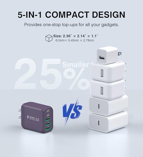 Image of 50W 2-Pack USB C Wall Charger Block, 5-Port C Charger Fast Charging Block PD Power Adapter +QC Multiport Type C Box Brick Cube USB A Wall Plug for iPhone 14 /15 /16 /17 Pro Max,Samsung Galaxy(Purple)