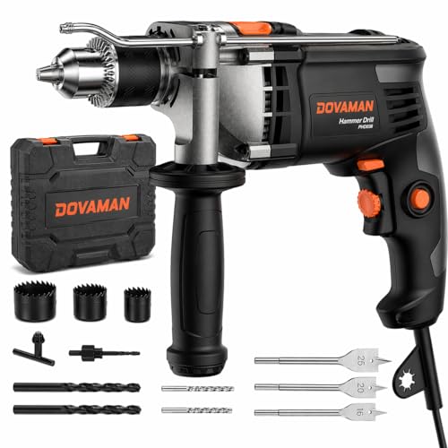 DOVAMAN PHD03B 7.5A Corded Hammer Drill, 1/2'' Impact Drill with Variable Speed 0–3000RPM, Metal Chuck, 2 Modes for Concrete, Wood, Metal – Includes Bits & Carrying Case