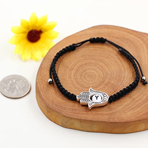 Image of Uloveido Customized A to Z 26 Letters Hand of Fatima Bracelet - Fatima Hamsa Hand Evil Eye Protection Bracelet Lucky Charm Adjustable Braided Black String
