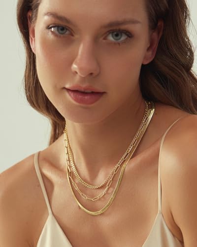 Gold Layered Necklaces for Women, 14K Gold Plated Dainty Gold Chain Choker Necklace Stack, Herringbone Gold Necklaces Set3