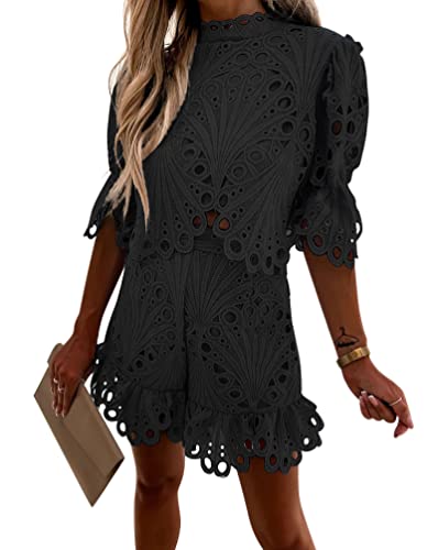 Minetom Zweiteiler Damen Spitze Hosenanzug Oberteile + High Waist Shorts...