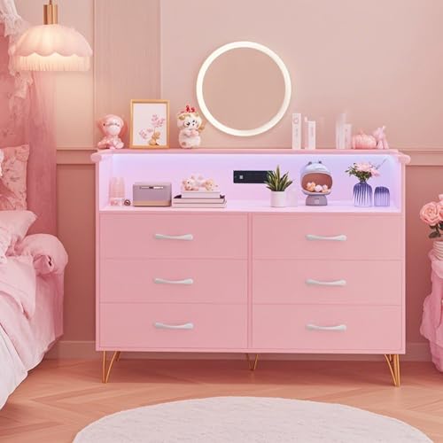Image of Dresser for Bedroom with 6 Drawers, Wide Wood Chest of Drawers with Charging Station & RGB LED Lights - Storage and Organization Dresser for Living Room, Closet, Hallway, MDF Cabinet, Pink