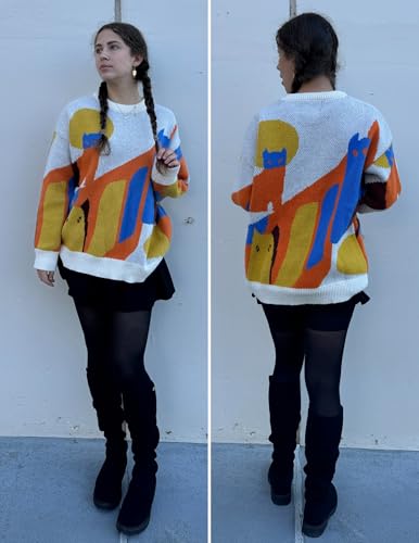 Aelfric Eden Graphic Sweaters Color Blocking Cat Sweater Vintage Oversized Crewneck Knit Pullover Christmas Tops4