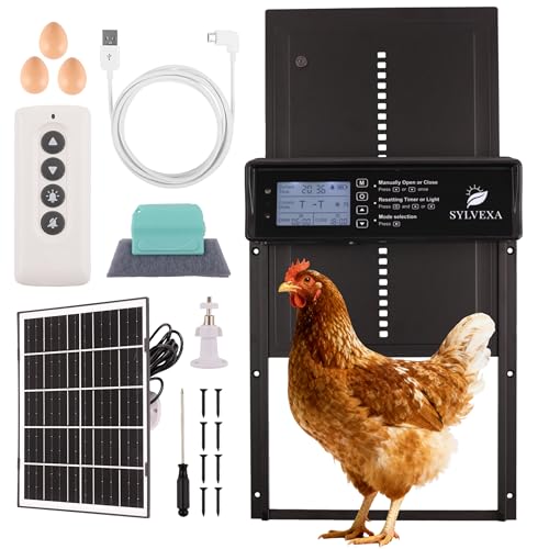 SYLVEXA Automatic Chicken Coop Door Solar Powered – Solar + USB-C Dual Charging – Automatic Chicken Door with Anti-Pinch Safety, Timer & Light Sensor Modes, Remote Control & Waterproof Aluminum Door