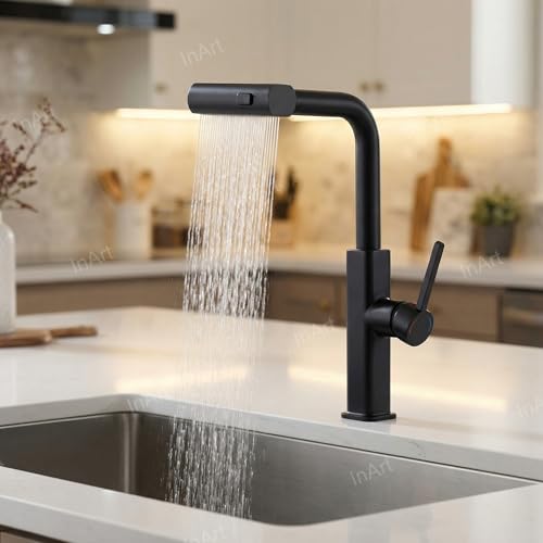 Image of InArt 360 Rotatable Brass Kitchen Faucet, Pull Out Kitchen Faucet with Waterfall Design (Black Matt)