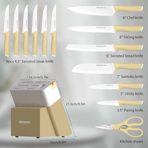 Image of Astercook Kitchen Knife Set with Block and Sharpener 15 Piece Knives Set German High Carbon Stainless Steel Knives Sharp Blade Dishwasher Safe Deba Knives with Ergonomic Handle