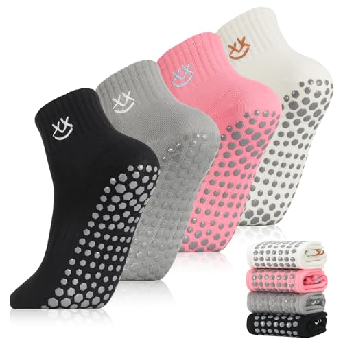 Jspupifip 4 Pairs Cute Pilates Socks with Grips for Women Non Slip Yoga Grippy Socks Embroidery Athletic Crew Sock for Yoga Barre Ballet Barefoot Workout
