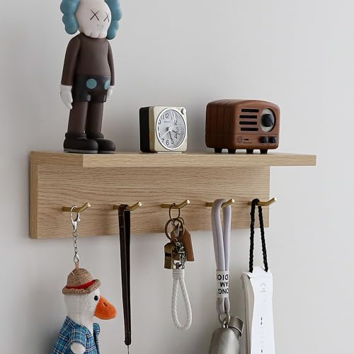 XAOMLP Marine Plywood Wall Mounted Coat Rack with Shelf & Key Hooks, 5 Brass Hooks Entryway Organizer, Modern Floating Shelf for Bedroom Hallway, Space-Saving Home Storage Rack (1, Oak Finish)