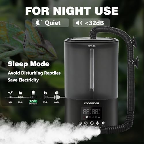 Image of Coospider Reptile Fogger Humidifier, Automatic Humidifiers for Reptiles Tank, Terrarium Humidifiers with Dual Hose Timer Humidity Control, Reptile Mister for Amphibians Herps Vivarium (5L /1.32Gallon)