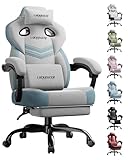 LUCKRACER Gaming Stuhl Stoff, Bürostuhl mit verbundenen Armlehnen, Memory-Schaum-Kissen, 90–155° Neigungswinkel und Fußstütze, strapazierfähigem Funktionsgewebe, Grau
