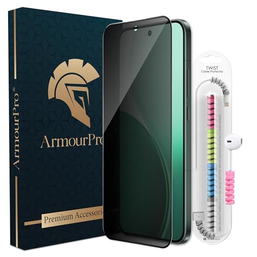 Image of ArmourPro Privacy Tempered Glass for Oppo Reno 13, Anti Spy Anti Peeping Screen Protector, Edge-to-Edge Full Coverage, 9H Hardness with Cable Protector | Black