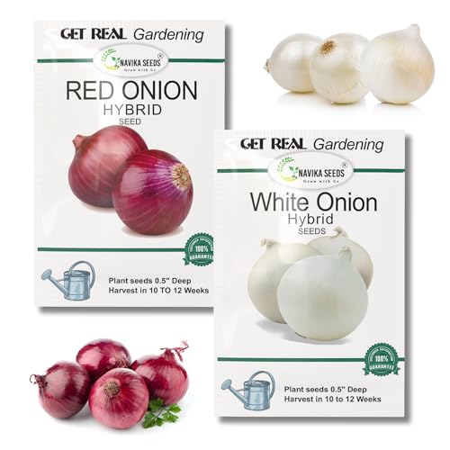 Image of Navika Seeds Red Onion & White Onion Seeds Combo (2 x 5g) for Home Gardening & Farming | High Germination | Organic Vegetable Seeds | Free Growing Guide Included