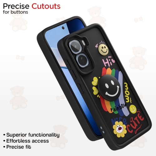Image of Pikkme Back Cover for Vivo T5 Pro 5G | Soft Silicone| Cute Rainbow Smile & 3D Cartoon Flower Design | Shockproof Raised Camera Protection Bumper Case (Black)