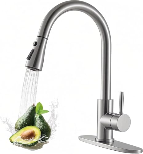 VAPSINT Kitchen Faucets, Brushed Nickel Kitchen Faucet with Pull Down Sprayer, High Arc Single Handle Pull Out Kitchen Faucets, Commercial Kitchen Sink Faucets for Farmhouse Rv Camper Laundry Bar