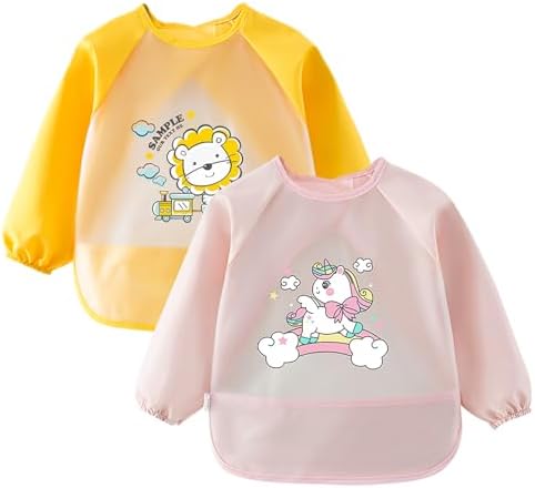 Lvjkes Lot De 2 Bavoirs Bébé Manches Longues – Tabliers Imperméables Avec Pochette 2-4 Ans Bleu Et Vert