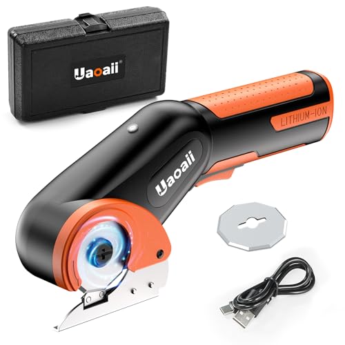 Uaoaii Cordless Electric Scissors, Electric Cardboard Box Rotary Cutter w/Replacement Blade & Storage Case, Safety Button, Power Carpet Cutter for Thin Cardboard Carpet Leather