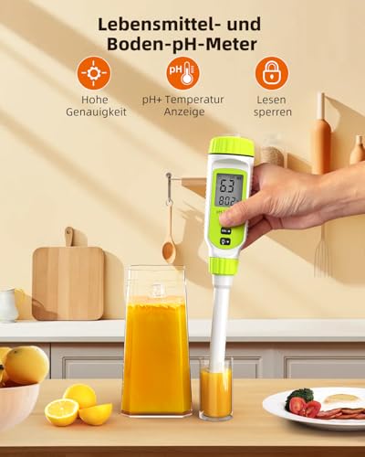 Tadeto pH Messgerät, Hohe Präzision Digitale pH Tester für Wasser, Erde, Pool, Boden, Trink, Garten, pH Meter mit Thermometer LCD Display und Kalibrierung Set und Legierung Schutzkapp