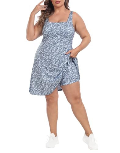 HDE Womens Plus Size Tennis Athletic Workout Dress with Built-in Shorts & Bra Navy Blue Floral - 16