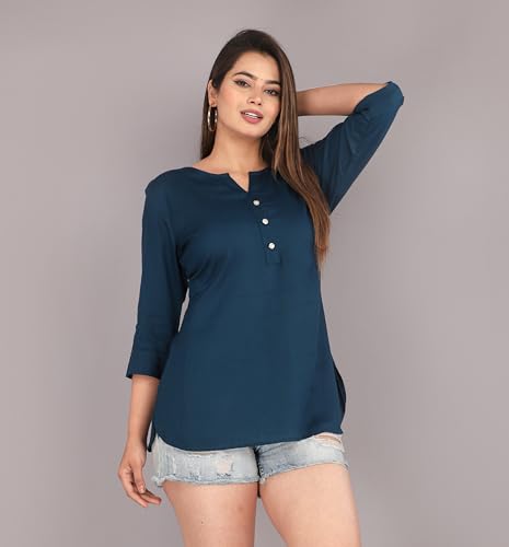 Image of Himanshi enterprises Women's Traditional Casual 3 /4 Sleeves Mandarin Nack Rayon Solid Short Kurti