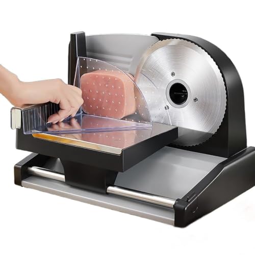 Rebanadora EléCtrica Alimentos 200W, Cuchilla Acero Inoxidable Primera Calidad Y Grosor Ajustable De 0-15mm, SemiautomáTica, con Patas Antideslizantes para Uso Comercial Y DoméStico
