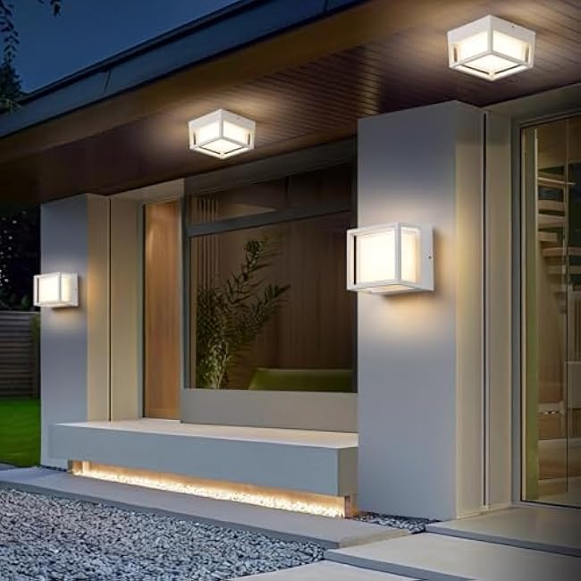 Small Outdoor Flush Mount LED Ceiling Light Exterior Porch Light Ceiling Mounted for Patio Balcony Terrace, 3000K Warm, 125w Equivalent, White, 6.3¡±x6.3¡±x4.3¡±