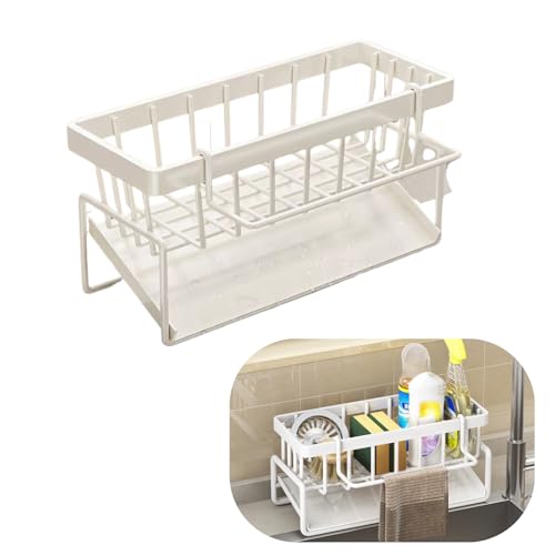 スポンジホルダー 水が流れる スポンジ置き スポンジラック ふきん掛け付き ステンレス製 防錆 たわし入れ スポンジ 洗剤ホルダー 水切り 洗面所 キッチン シンク 洗剤置き 収納 (ホワイト)