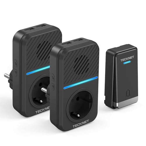 TECKNET Sonnette sans Fil Kit, 400M Sonnette de Porte sans Fil Auto-alimentée avec 2 Récepteurs, IP65 Kit de Carillon avec Tomas USB Externas y Luz LED, 60...
