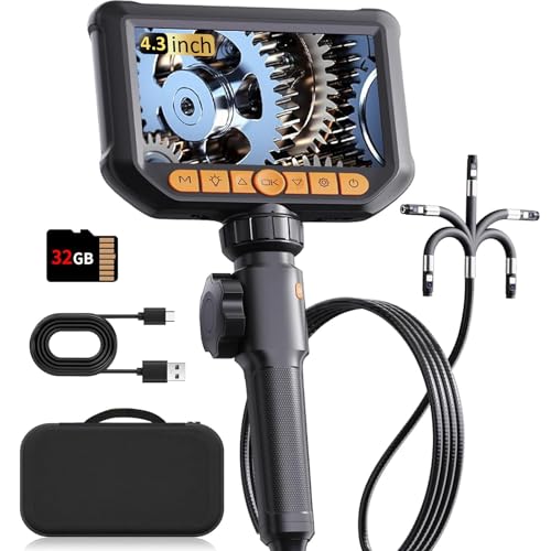 Cámara endoscópica de doble lente con Licth, 360° HD, cámara de inspección giratoria de 4,3 pulgadas, IP67, cámara de tubo impermeable, con 8 + 1 LED, tarjeta de 32 G y bolsa de transporte, 1,5 m