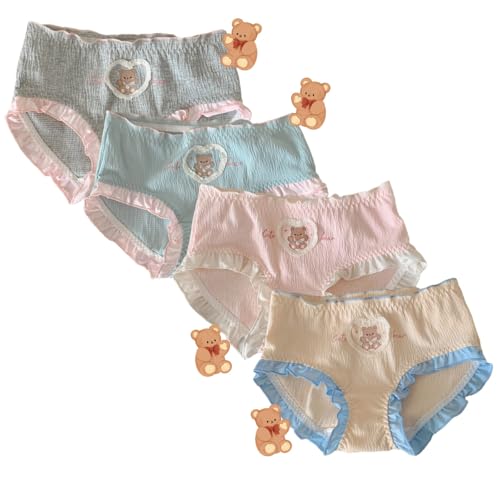 Cute Cartoon Bear Panties Japanese Anime Ruffled Trim Underwear Cotton Crotch Briefs 4 Pack for Teen Girls Age14-18